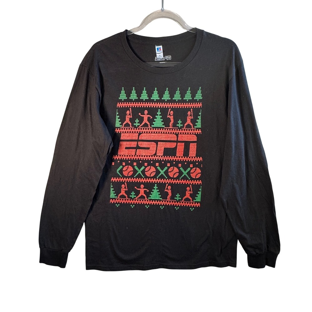 ESPN Ugly Christmas Sweater Print Long Sleeve Shirt Men's Medium Russell Black